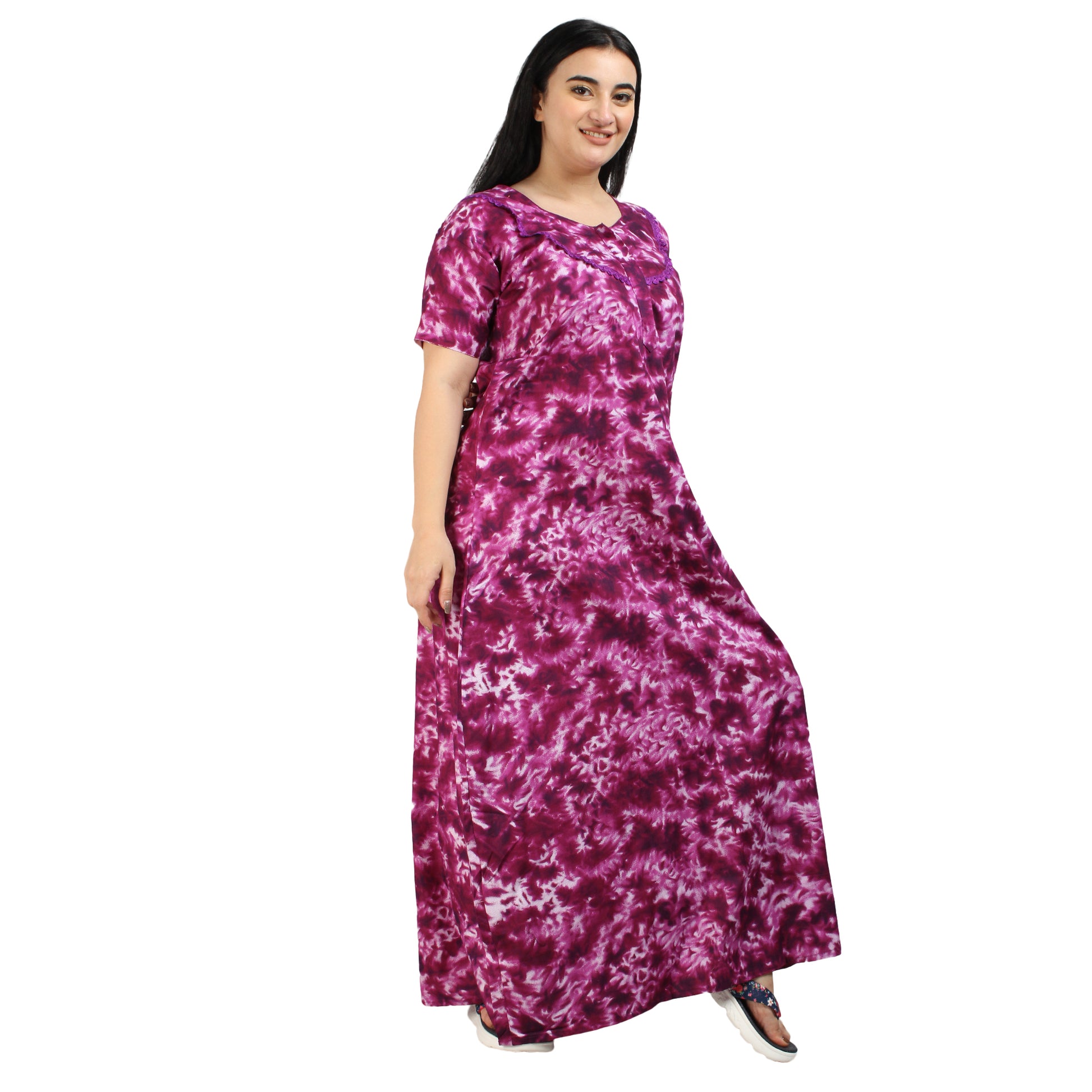 Printed Cotton Nighty For Women - Purple