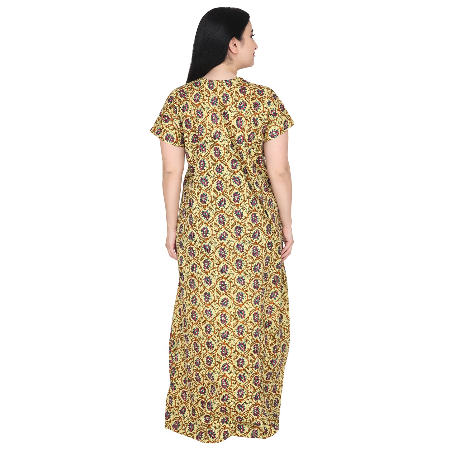 Printed Cotton Nighty For Women - Yellow