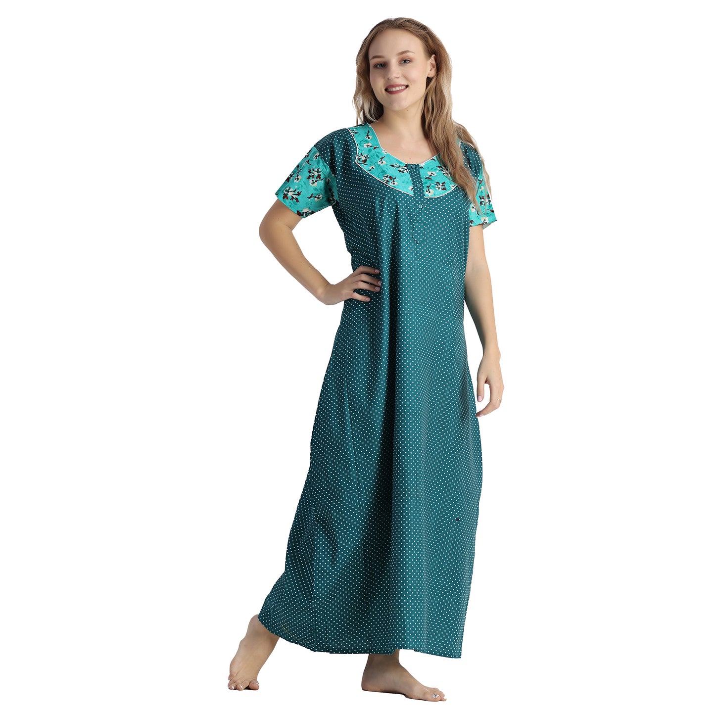 Printed Cotton Nighty For Women - Green