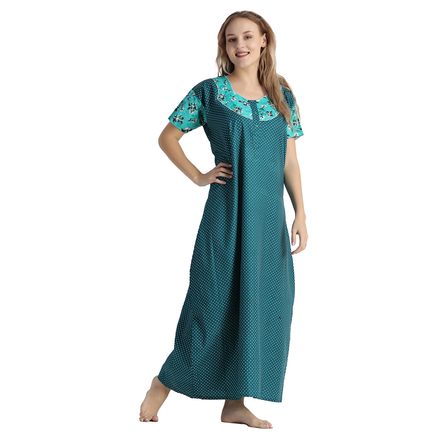 Printed Cotton Nighty For Women - Green