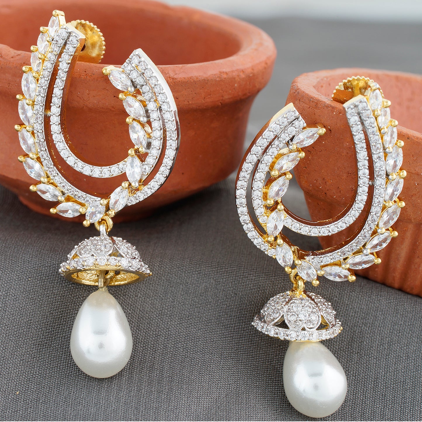 Ethnic Gold CZ Copper Jhumki with Pearl