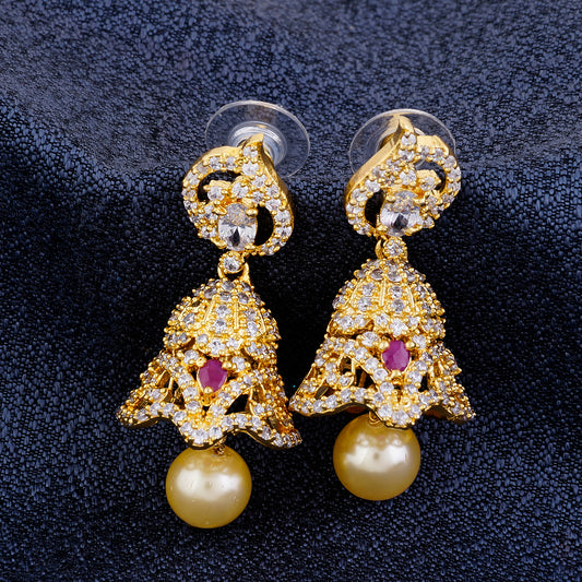 Gold CZ Copper Jhumki with Pearl Hanging
