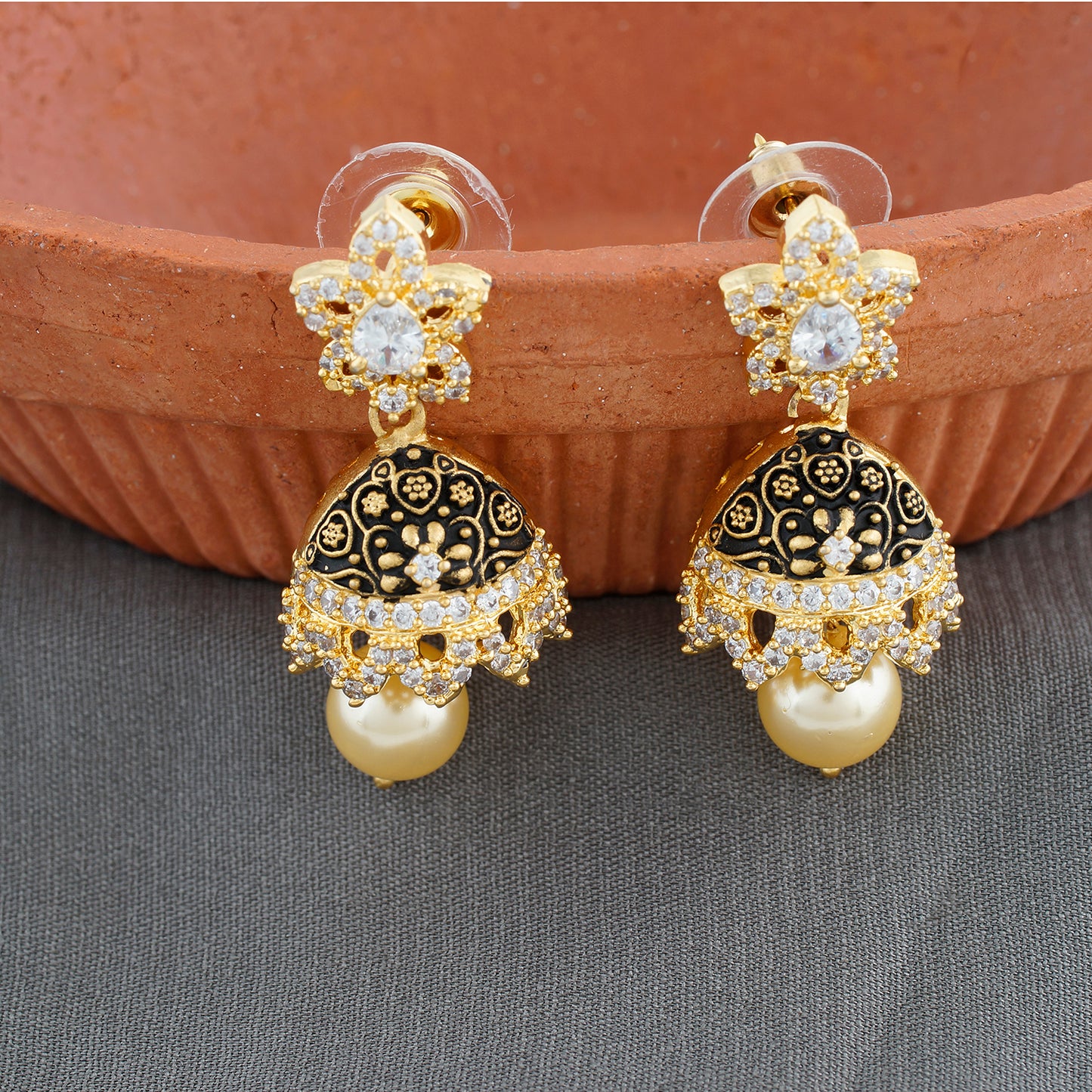 Black Antique Gold CZ Copper Jhumki with Pearl Hanging