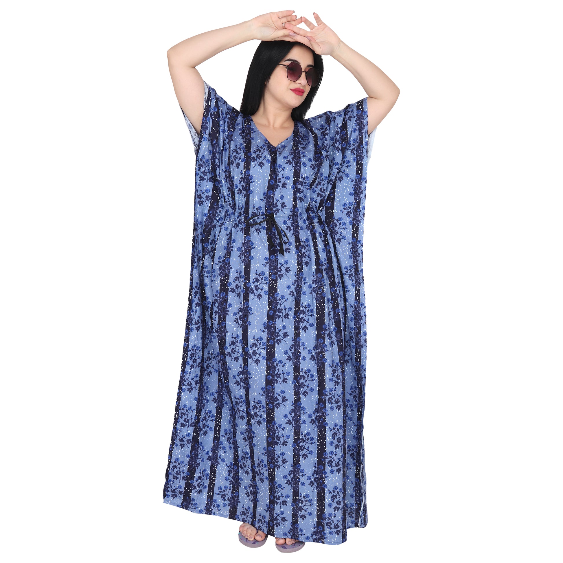 Printed Cotton Kaftan Nighty For Women - Blue_KF0043_B