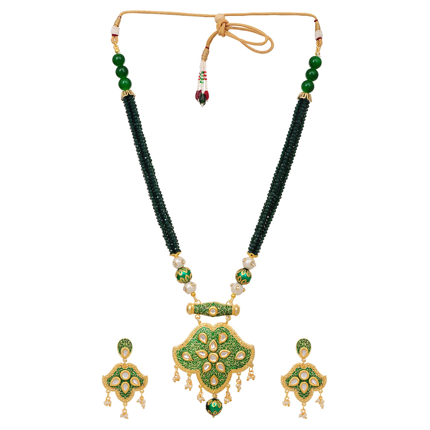 Gold Plated Enameled Kundan Meenakari Beaded Necklace with Earrings Set for Women (Green)