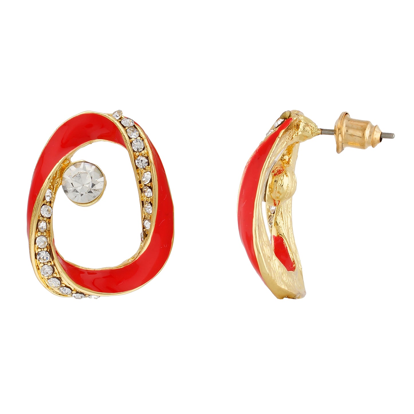 Contemporary Red and Gold Colour Oval Design Enamel Enhanced Earring for Girls and Women