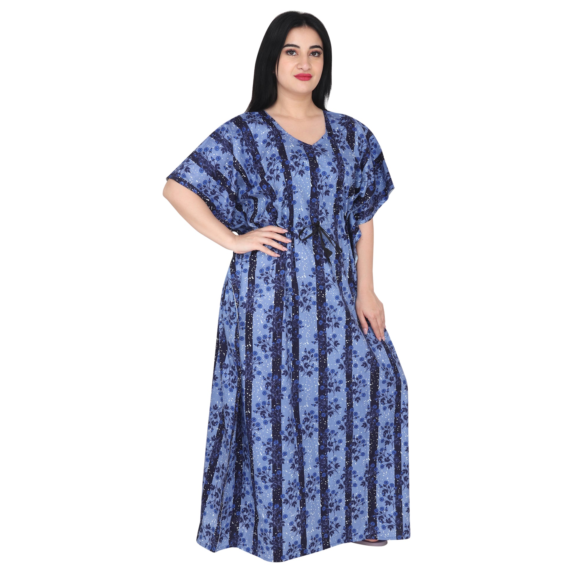 Printed Cotton Kaftan Nighty For Women - Blue_KF0043_B