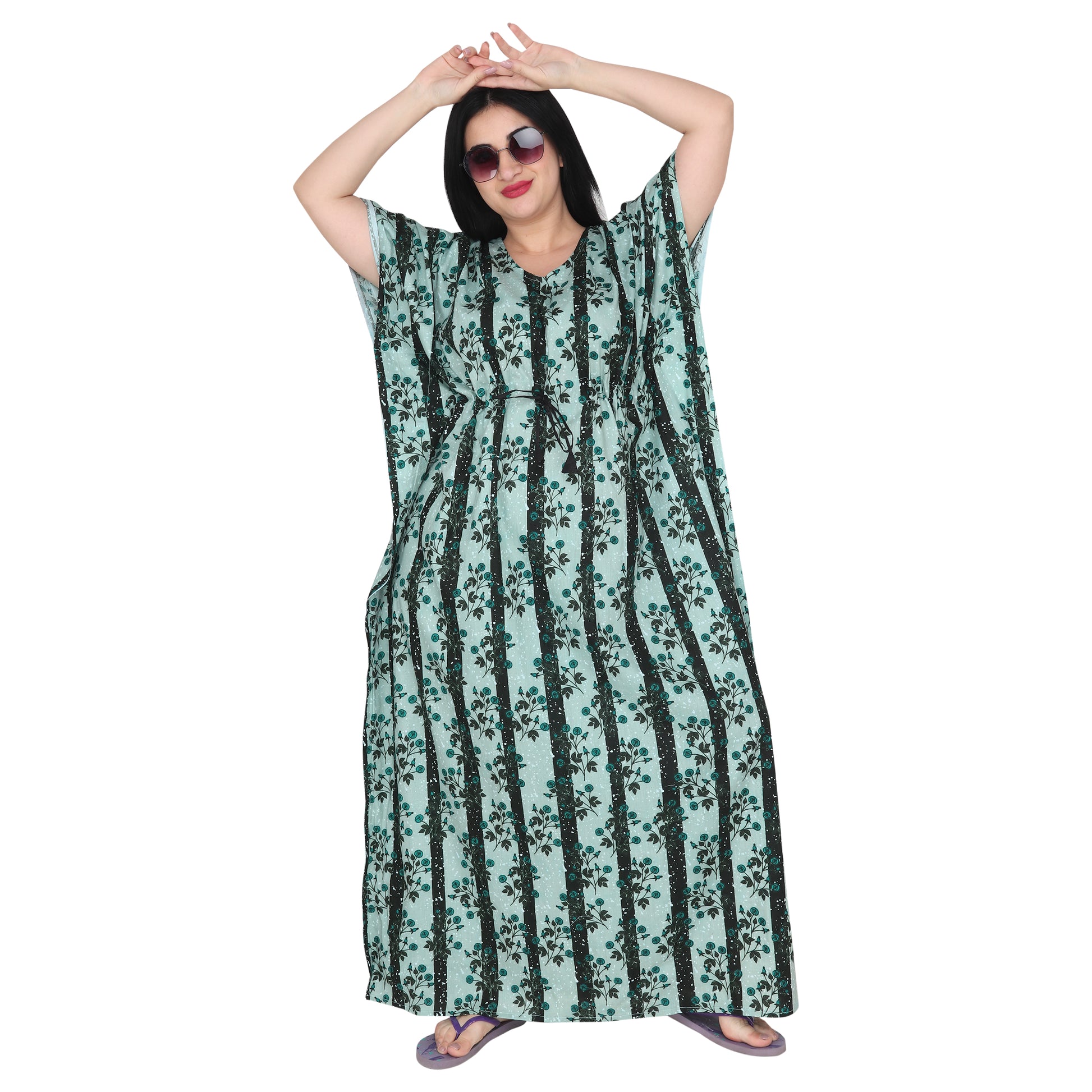 Printed Cotton Kaftan Nighty For Women - Green_KF0043_G