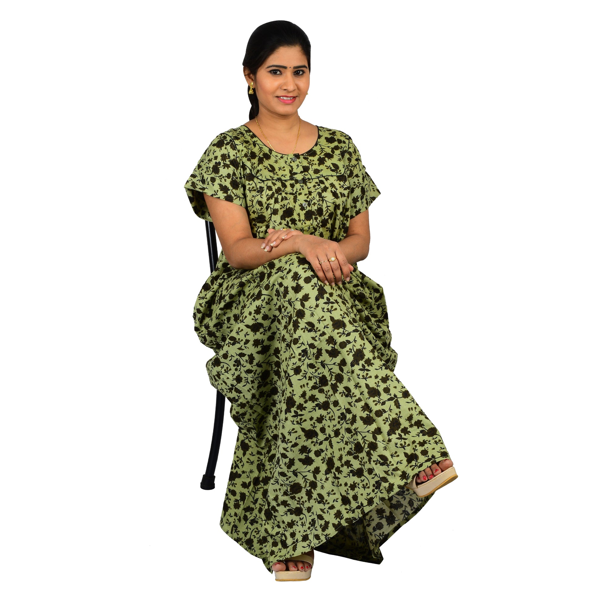 Printed Cotton Nighty For Women - Green