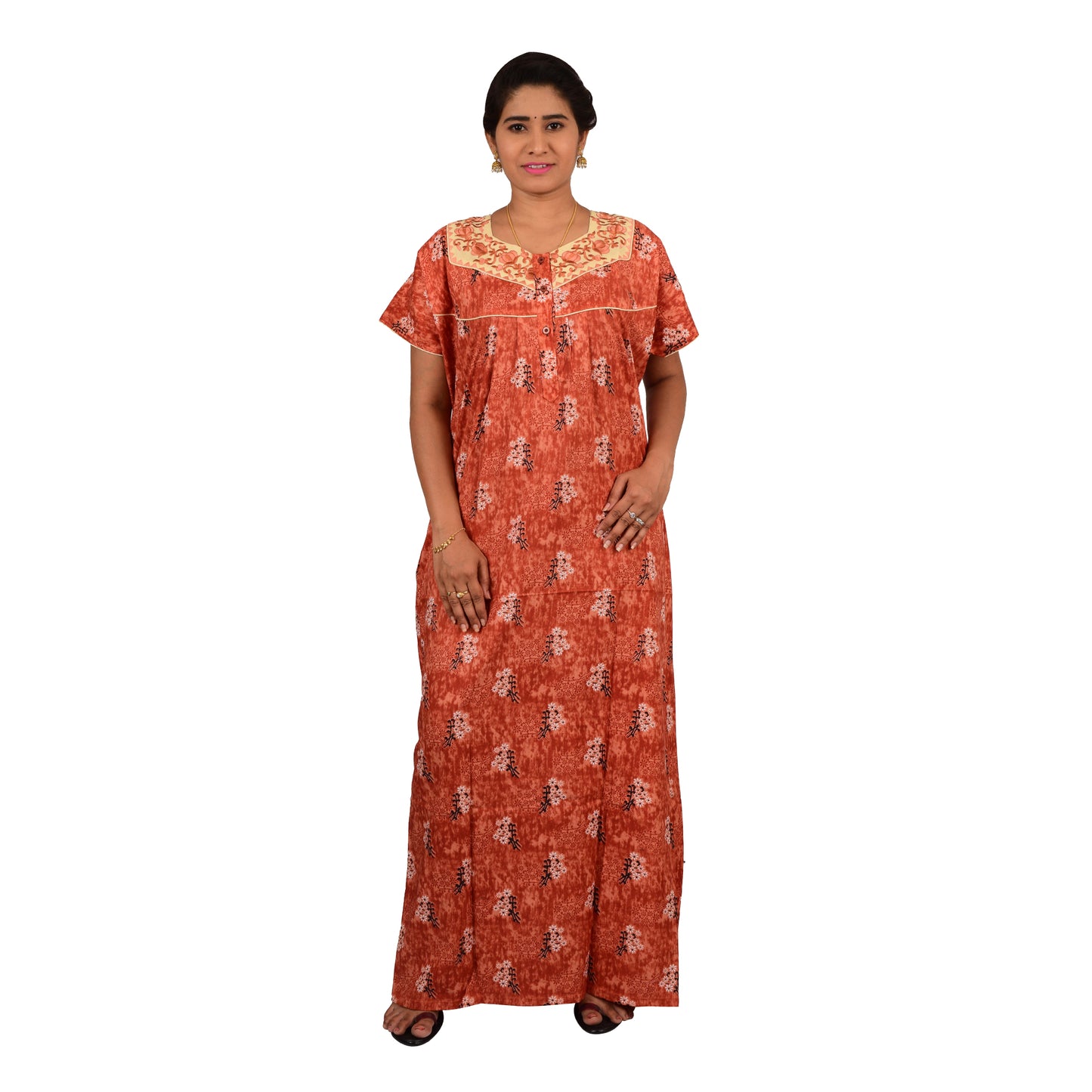 Embroidery Printed Cotton Nighty For Women - Orange