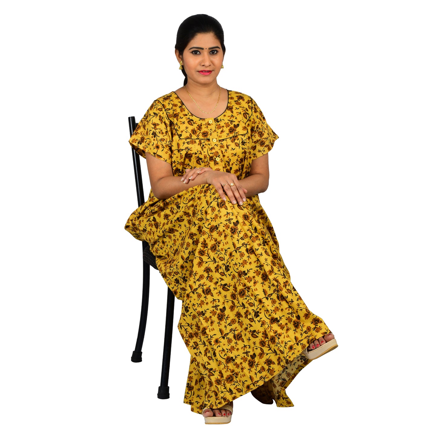 Printed Cotton Nighty For Women - Yellow