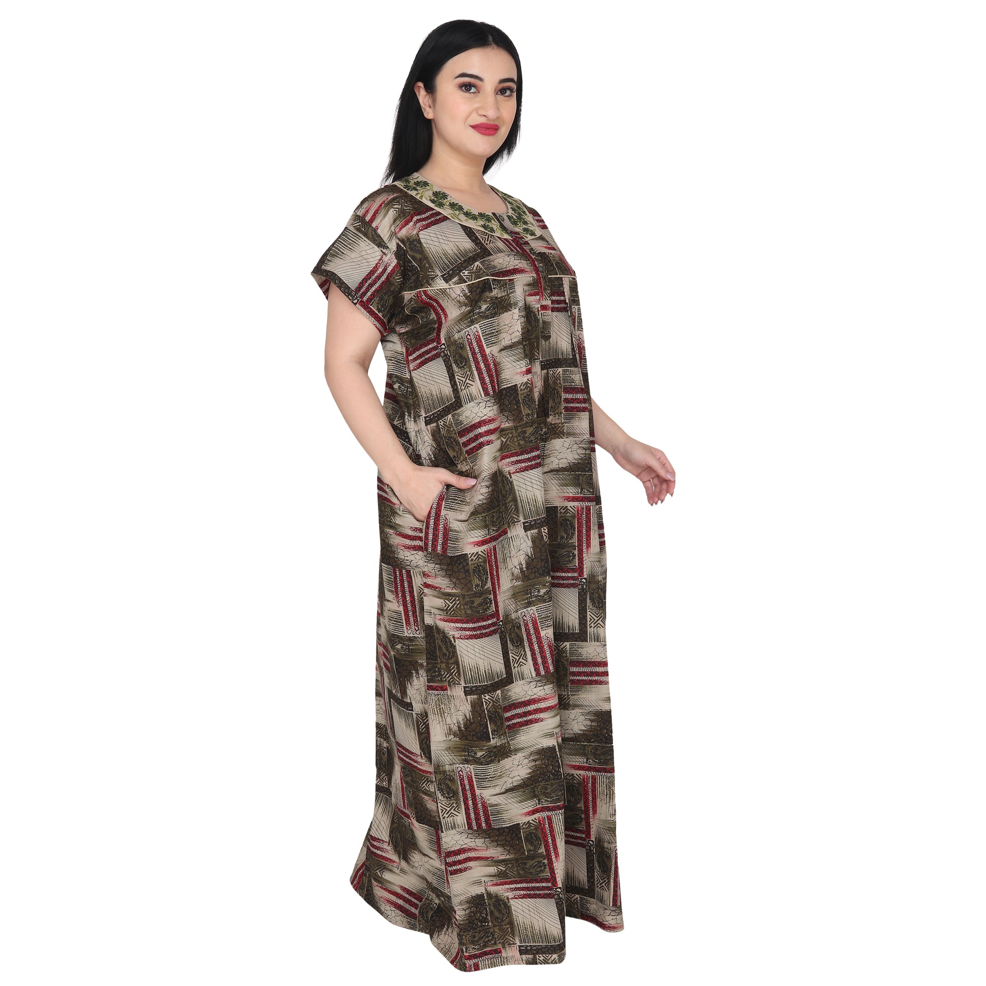 Embroidery Printed Cotton Nighty For Women - Green