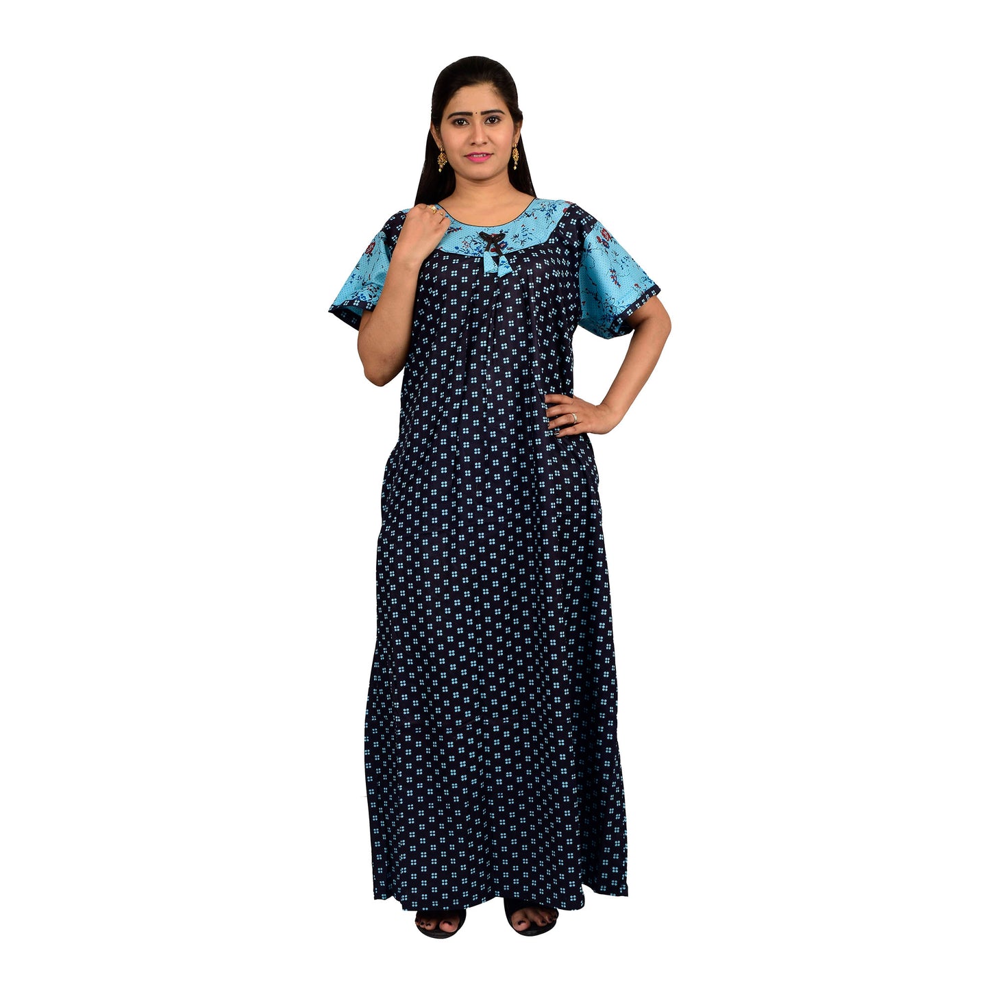 Printed Cotton Nighty For Women - Blue