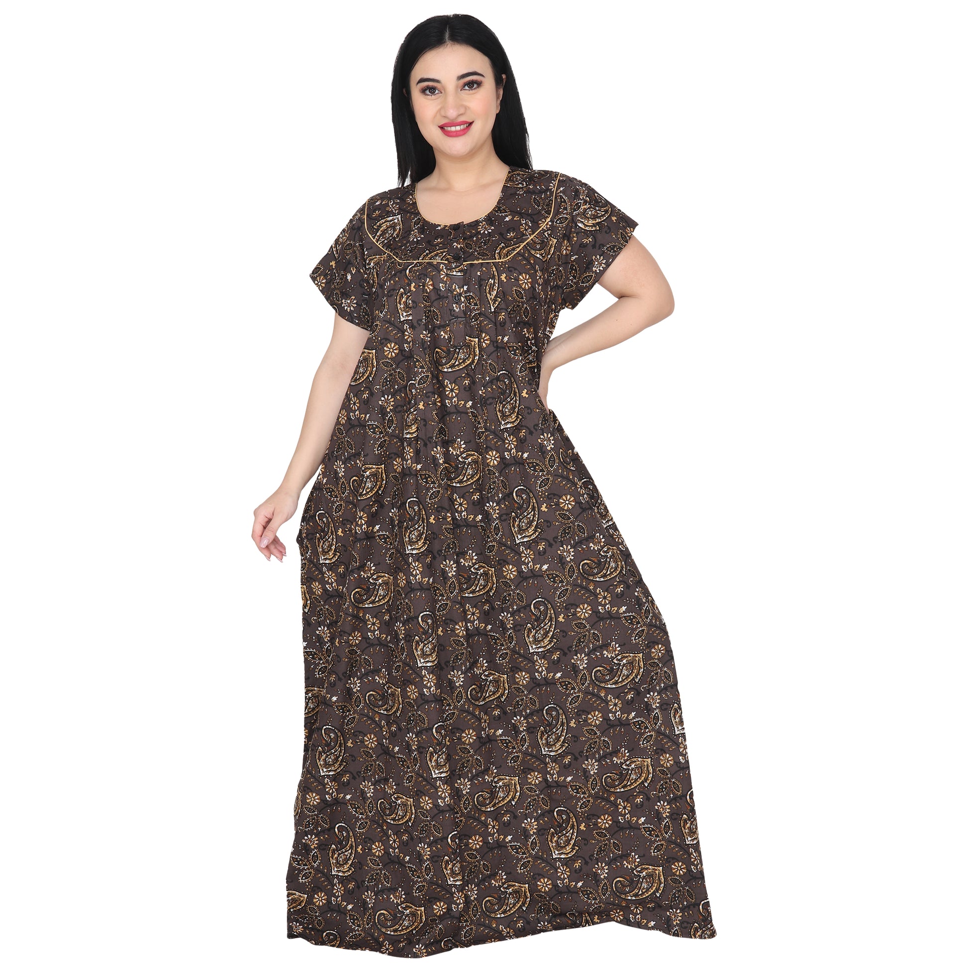 Printed Cotton Nighty For Women - Brown