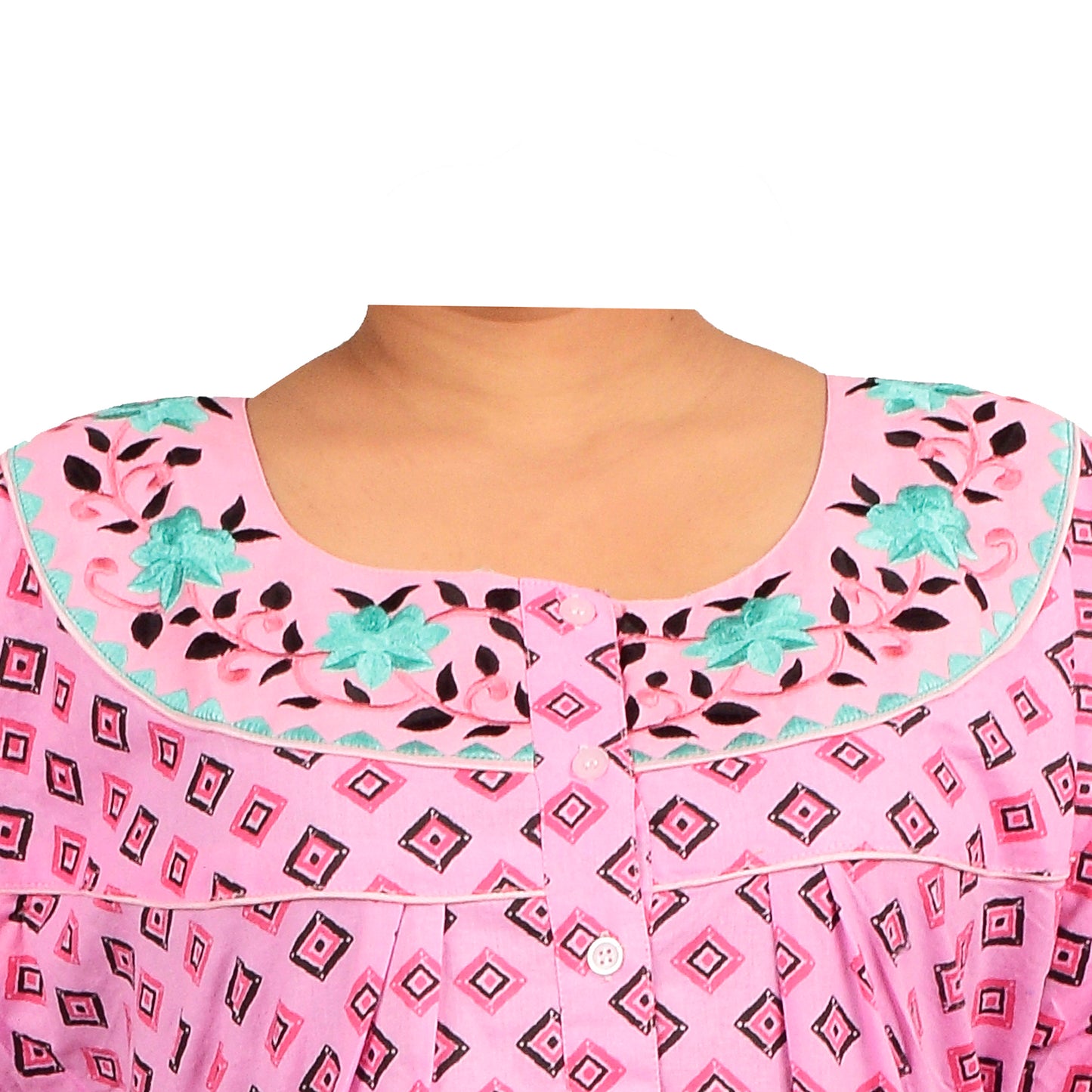 Embroidery Printed Cotton Nighty For Women - Pink