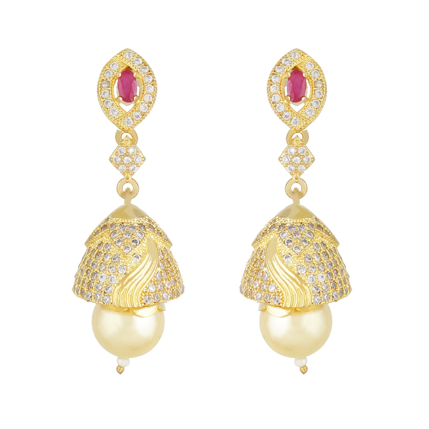Stylish Gold Plated CZ Copper Jhumki with Pearl Hanging for Ladies and Girls