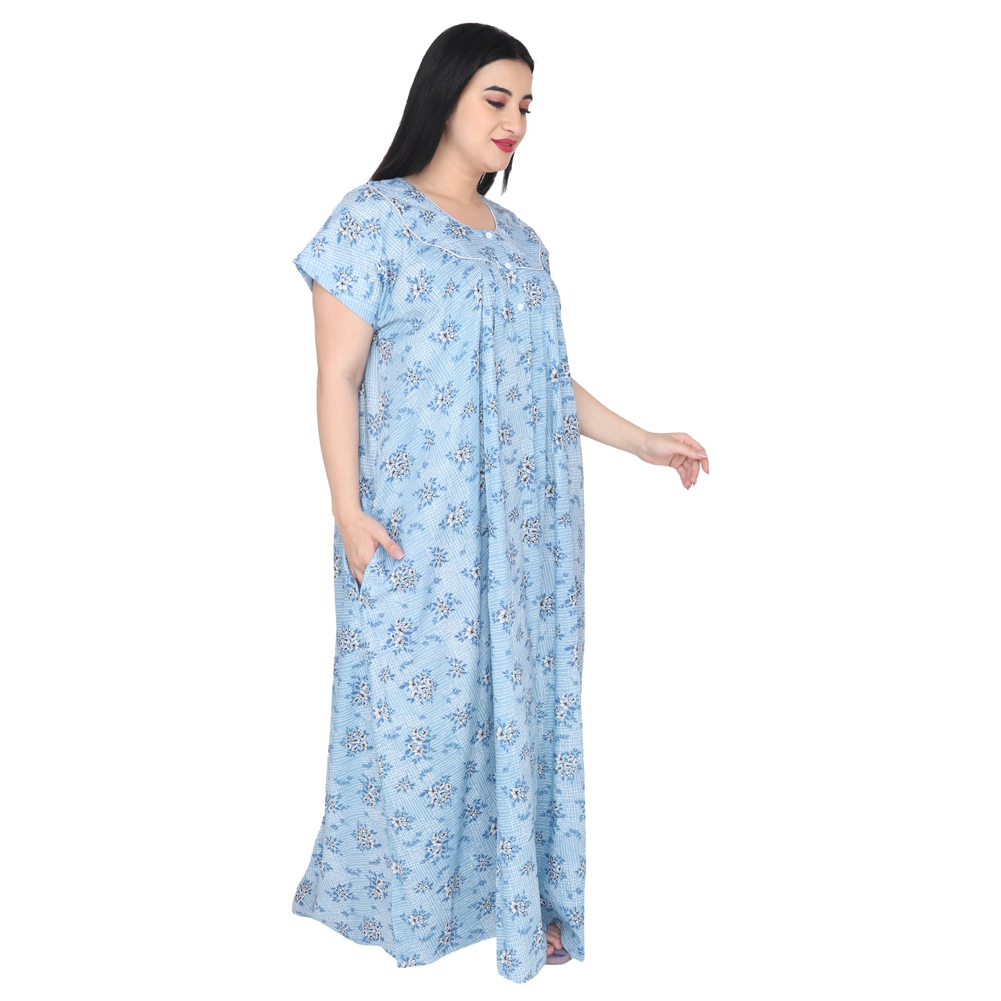 Printed Cotton Nighty For Women - Blue