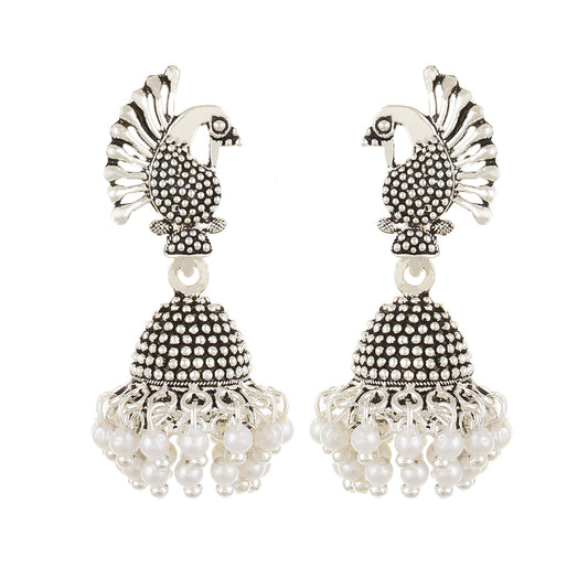 Silver plated Pearl Mayur Stud Jhumki Earrings Fashion Imitaion Jewelry for Girls and Women
