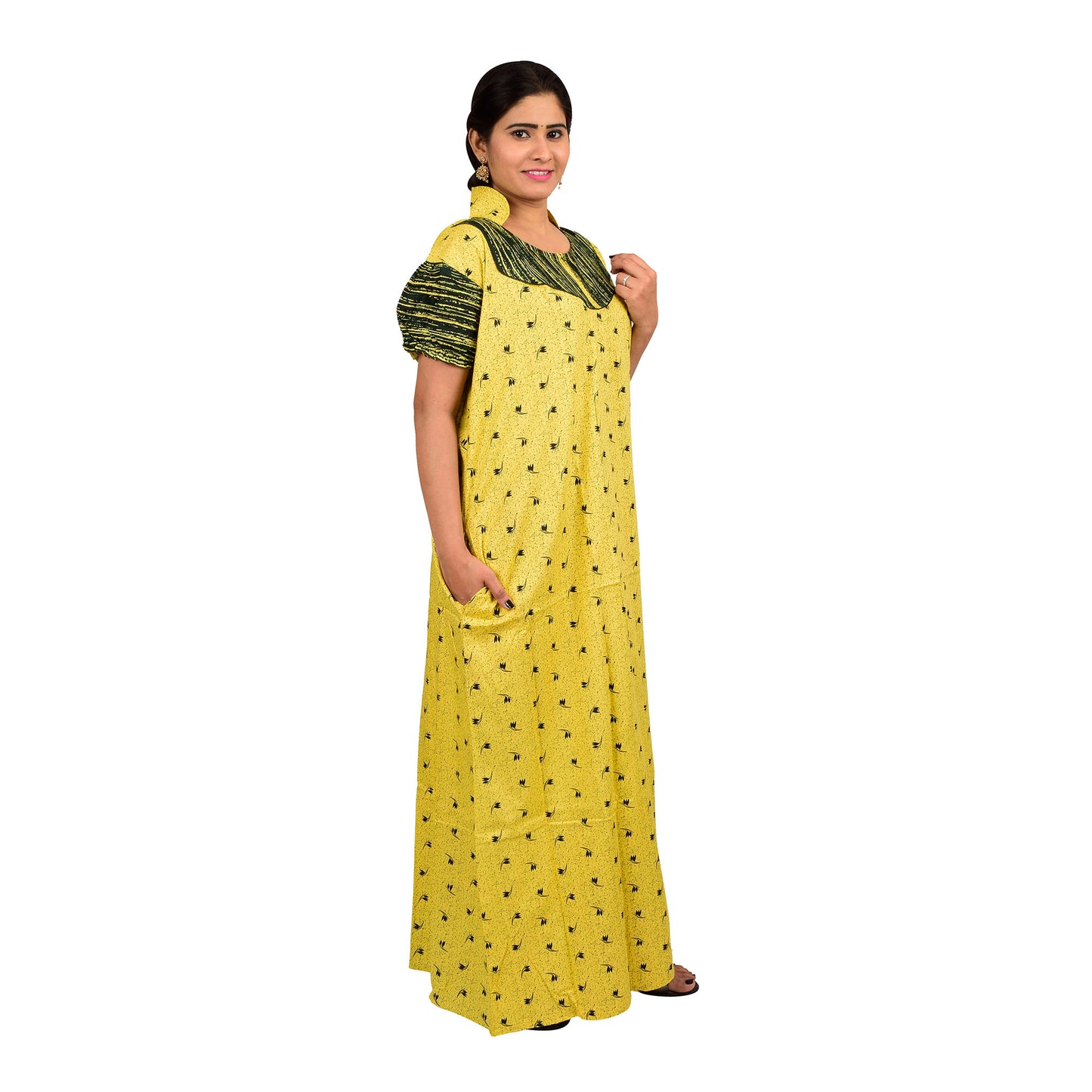 Printed Cotton Nighty For Women - Yellow