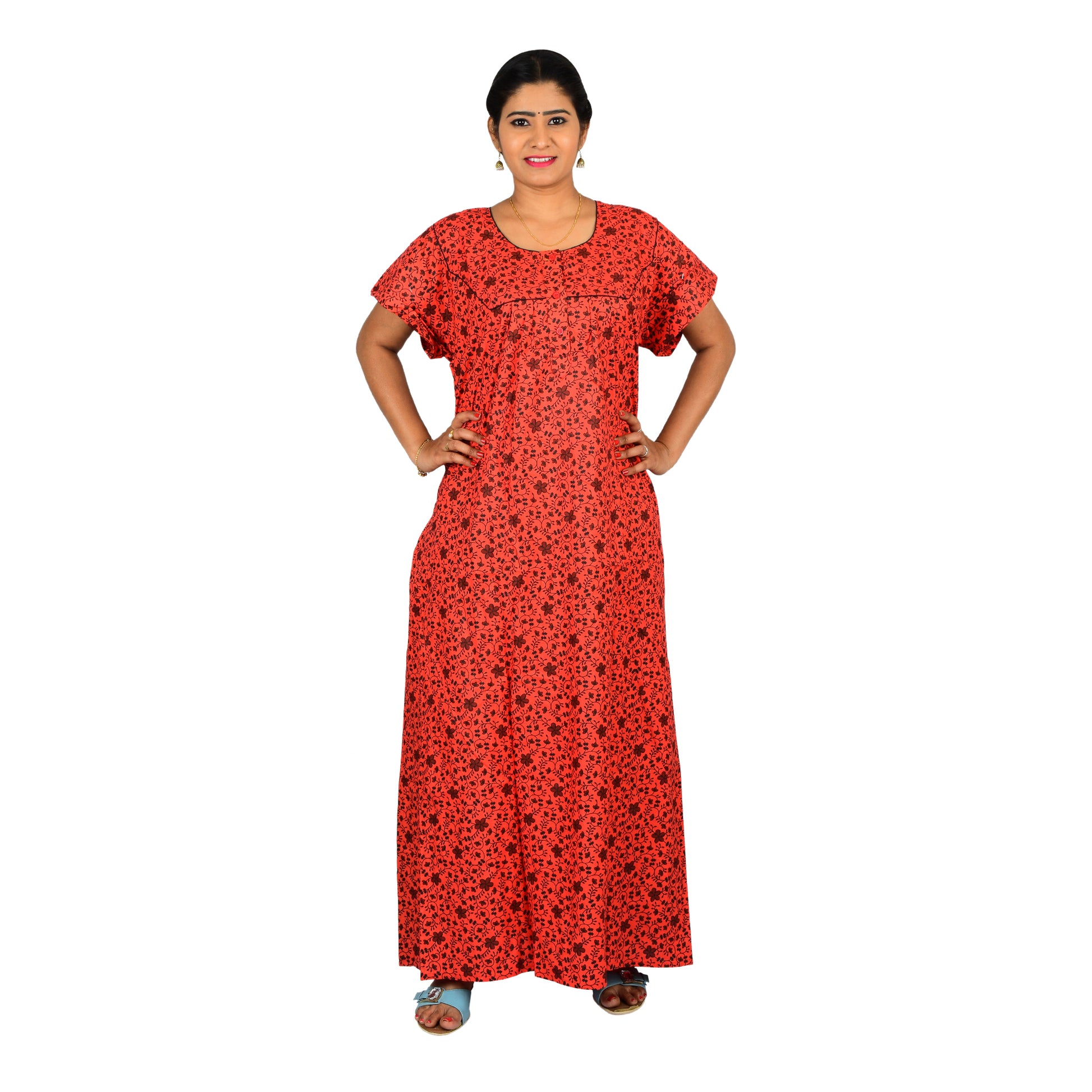 Printed Cotton Nighty For Women - Red