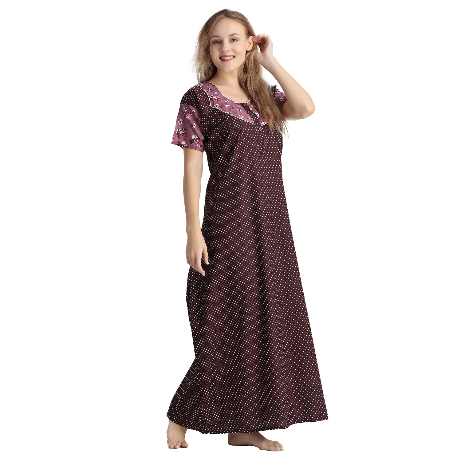 Printed Cotton Nighty For Women - Purple