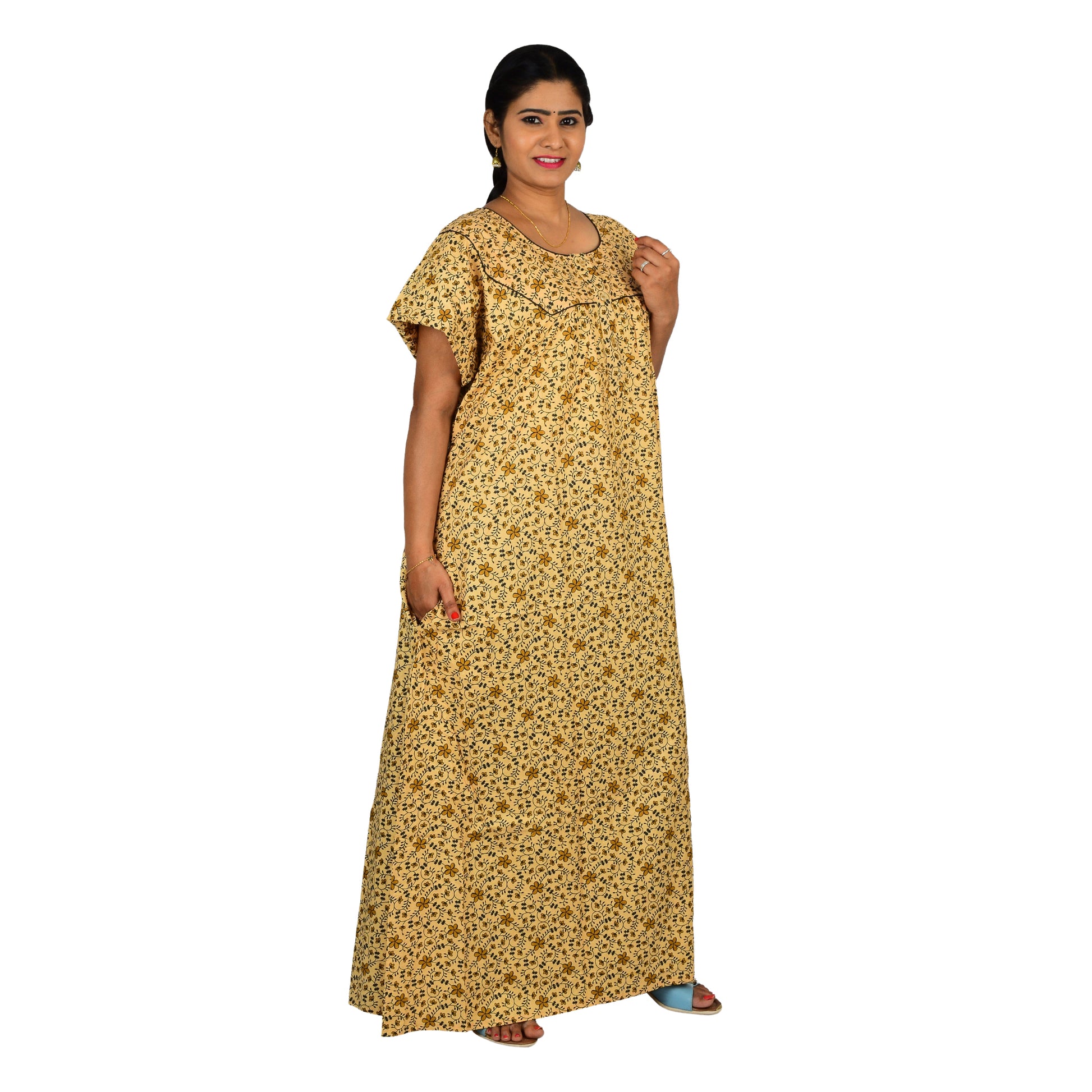 Printed Cotton Nighty For Women - Brown