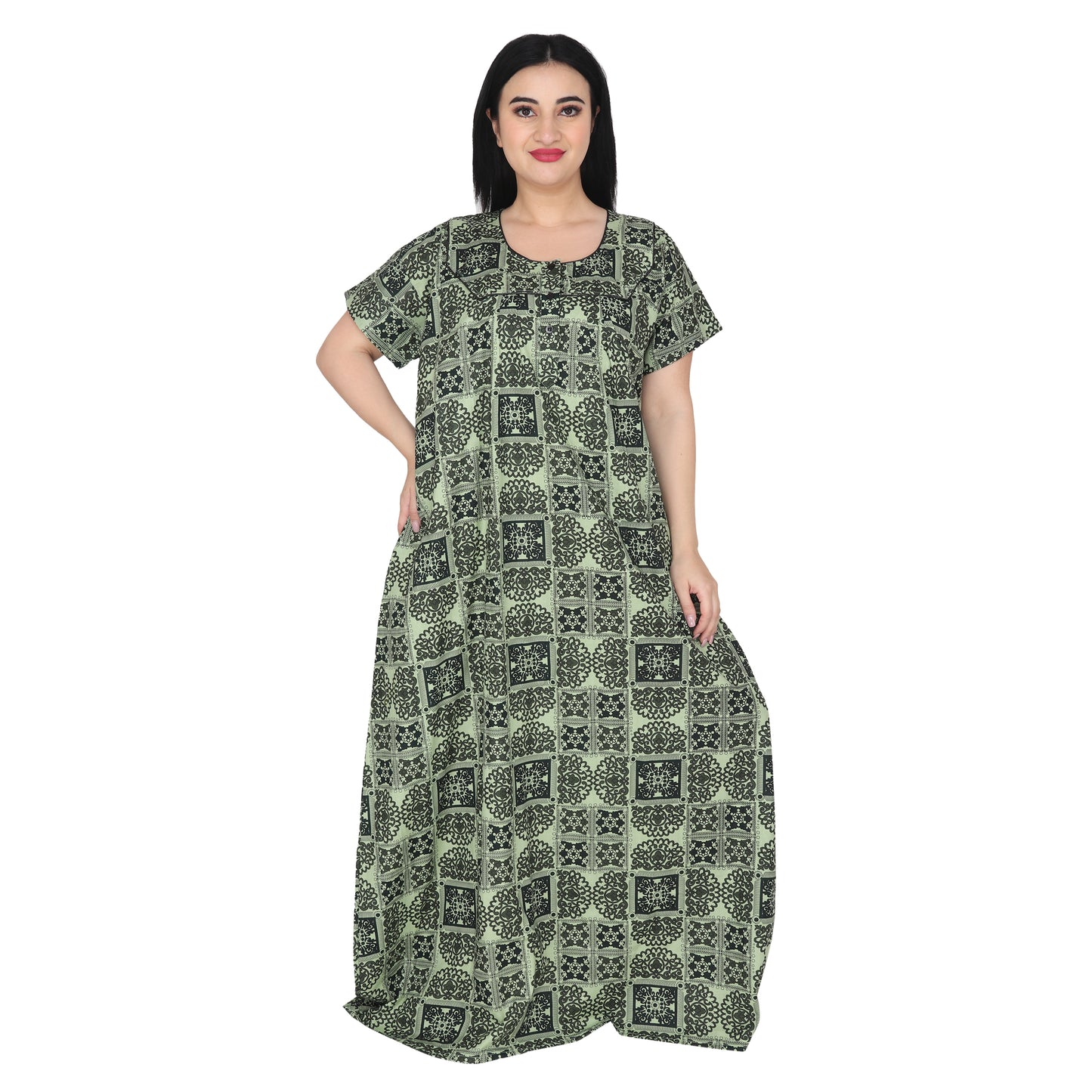 Printed Cotton Nighty For Women - Dark Green