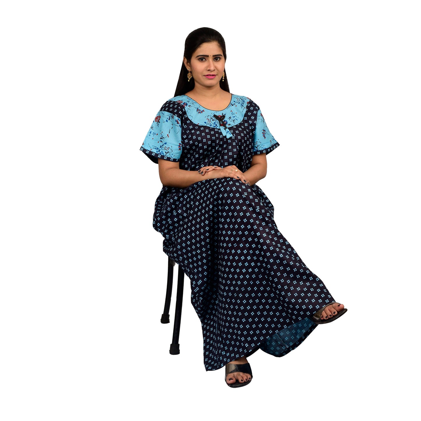 Printed Cotton Nighty For Women - Blue