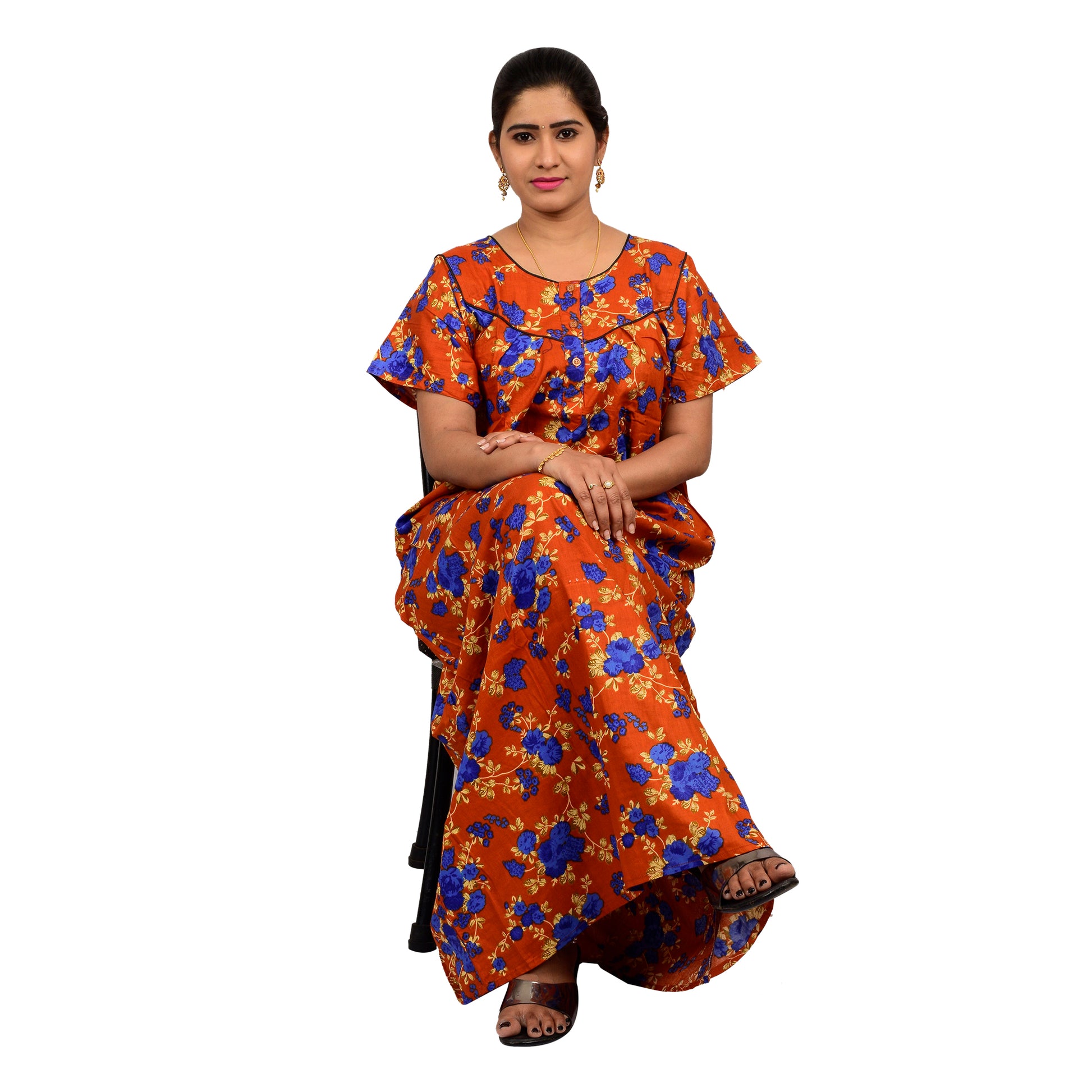 Printed Cotton Nighty For Women - Orange