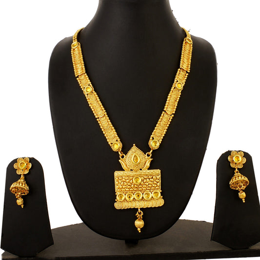 Gold Plated Traditional Long Kundan Necklace and Jhumki Earrings Fashion Jewelry Set for Women and Girls