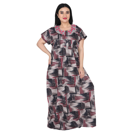 Embroidery Printed Cotton Nighty For Women - Blue