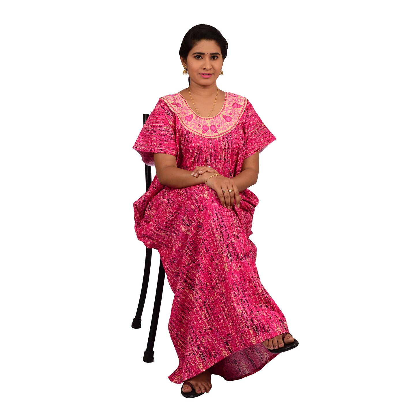 Embroidery Printed Cotton Nighty For Women - Pink