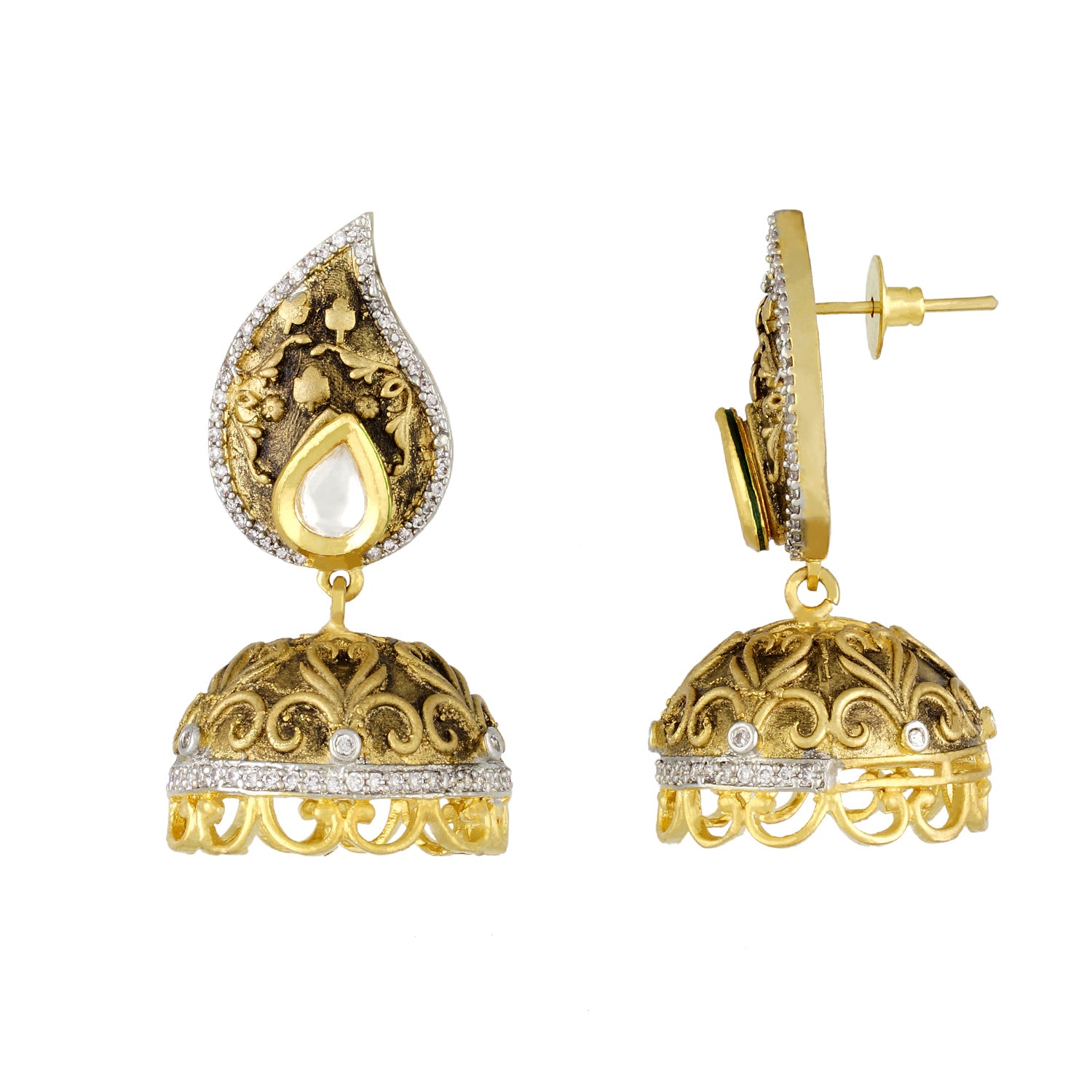 Stylish Drop Shape Gold Plated CZ Copper Kundan Jhumki for Ladies and Girls