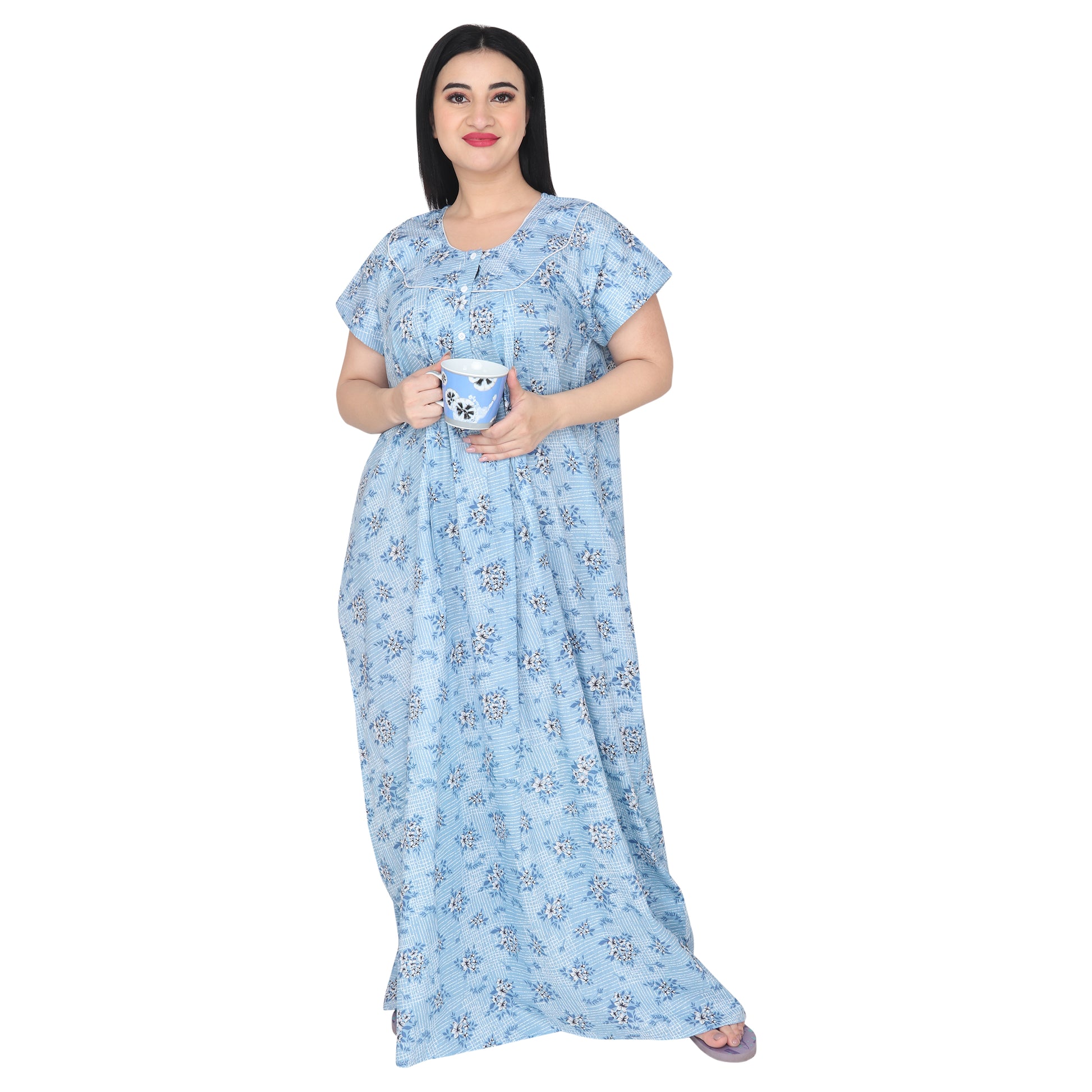 Printed Cotton Nighty For Women - Blue