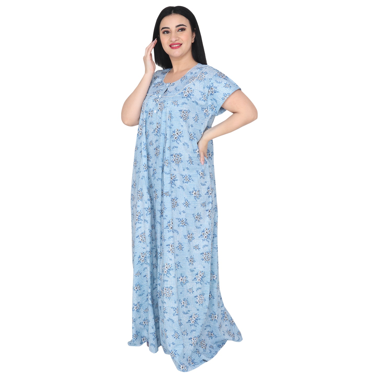 Printed Cotton Nighty For Women - Blue