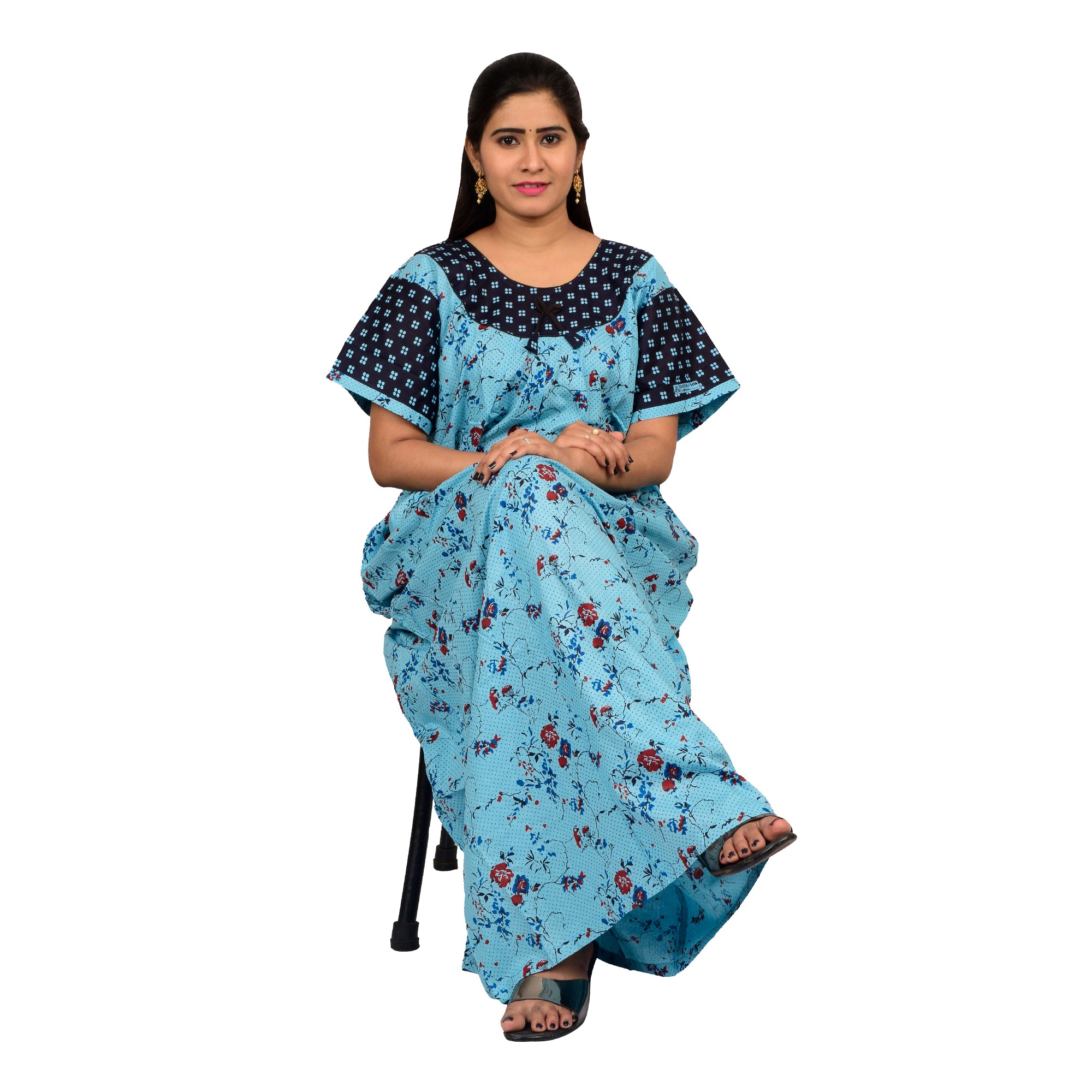 Printed Cotton Nighty For Women Blue Size Free Floral Nighty