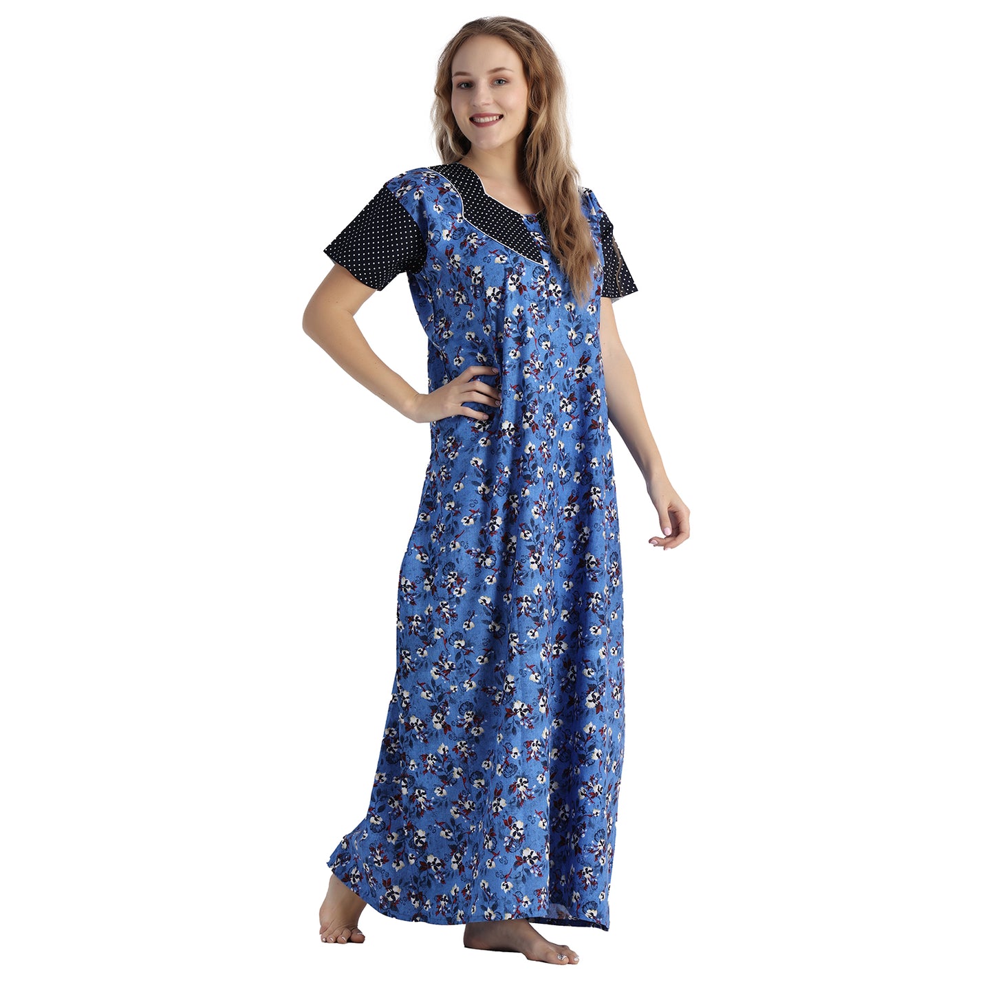 Printed Cotton Nighty For Women - Blue