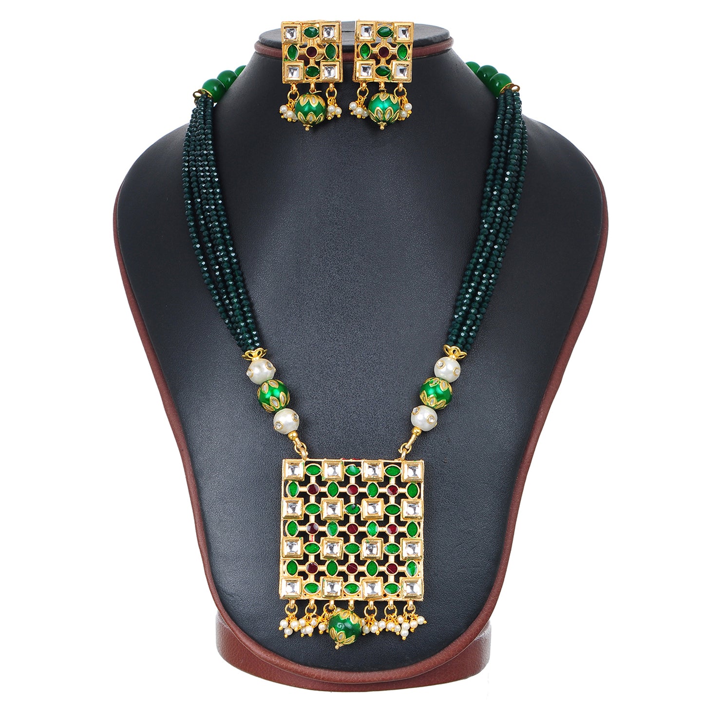 Gold Plated Enameled Kundan Meenakari Beaded Necklace with Earrings Set for Women (Green)