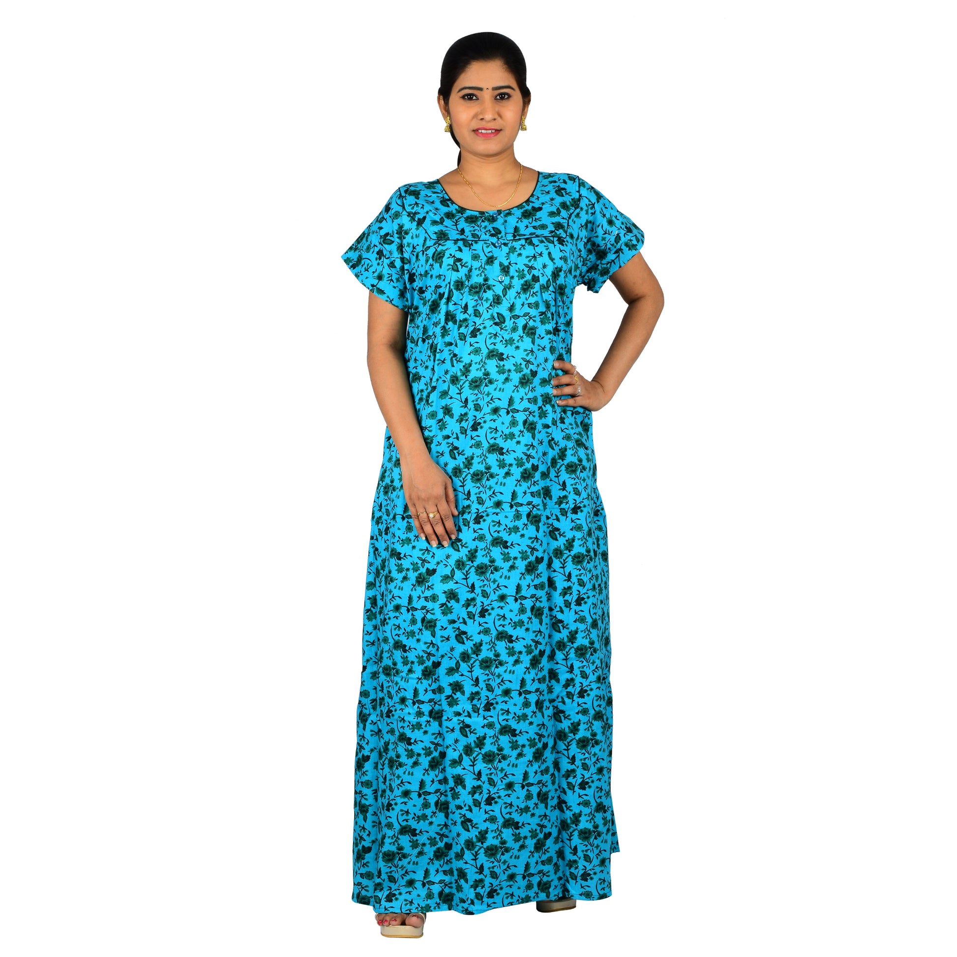 Printed Cotton Nighty For Women - Blue