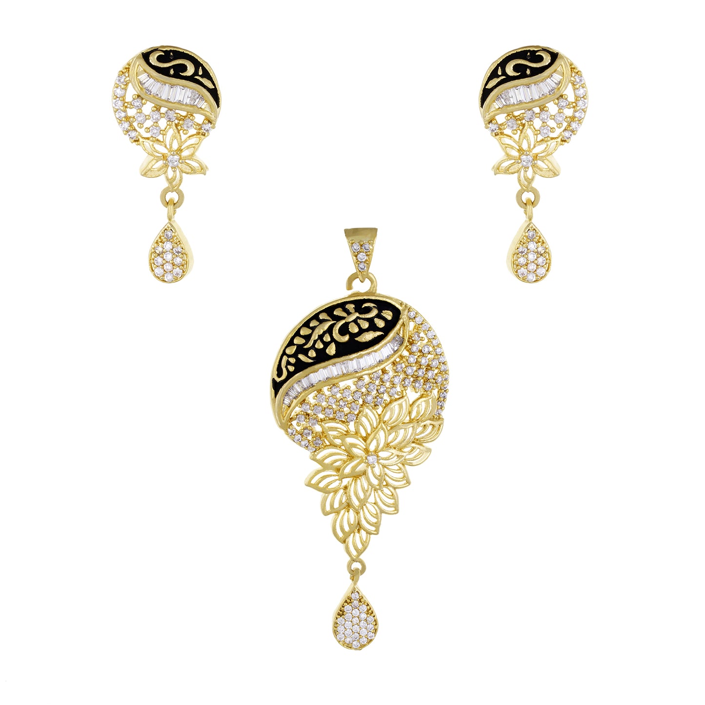 Ethnic Black Antique Gold Plated CZ Copper Pendant Set for Ladies and Girls