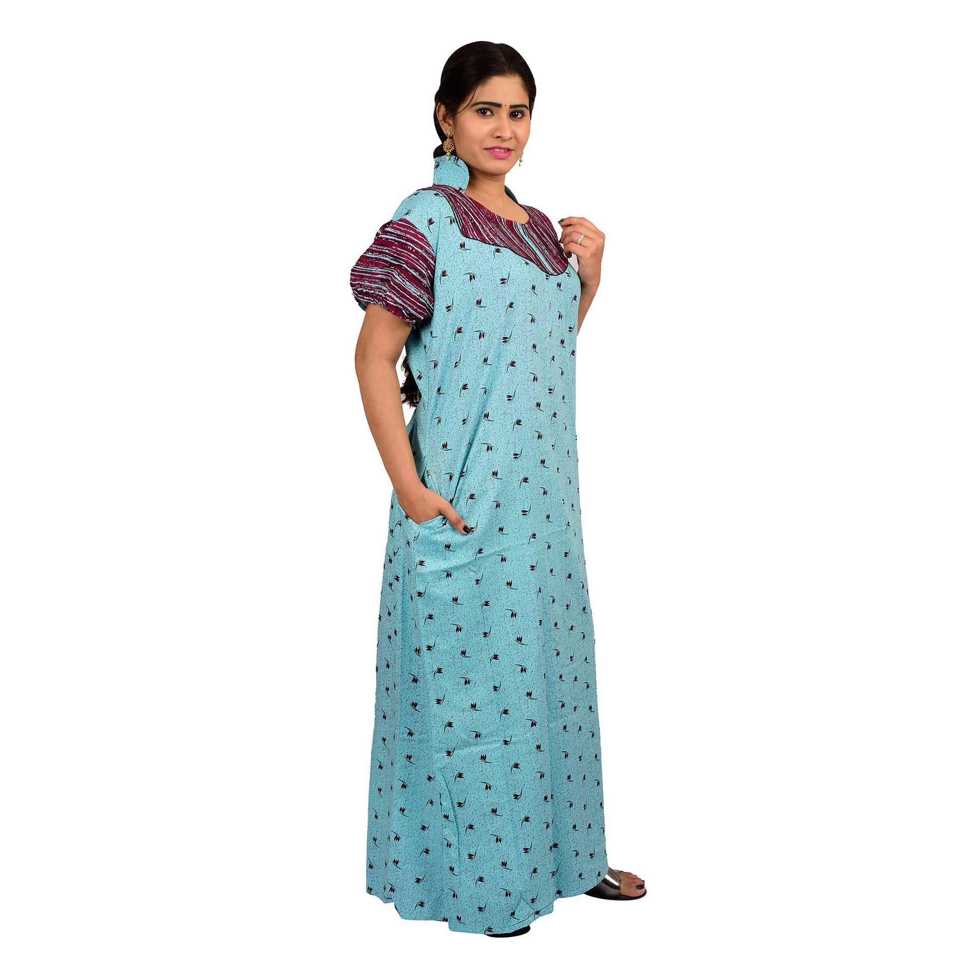 Printed Cotton Nighty For Women - Green