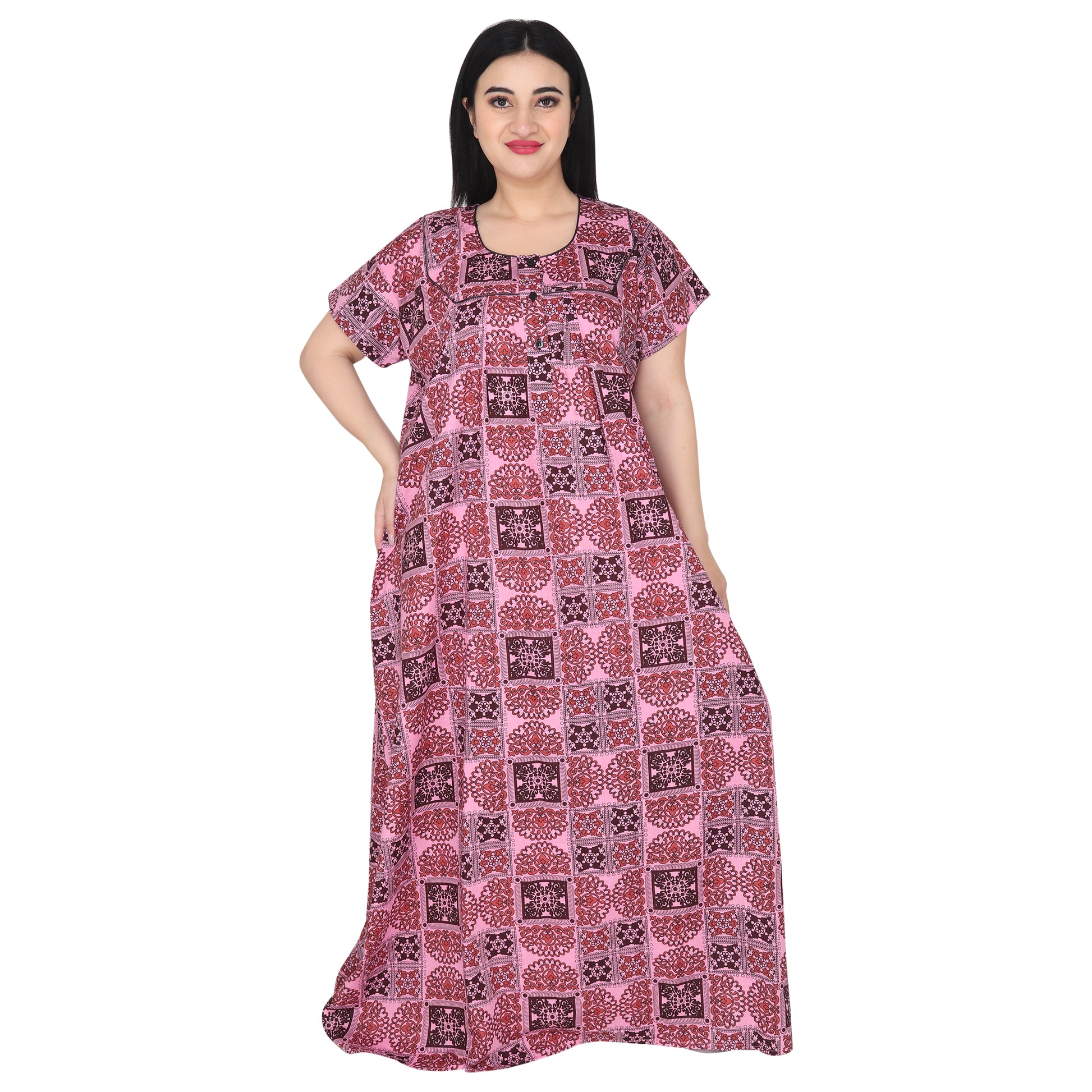 Printed Cotton Nighty For Women - Pink