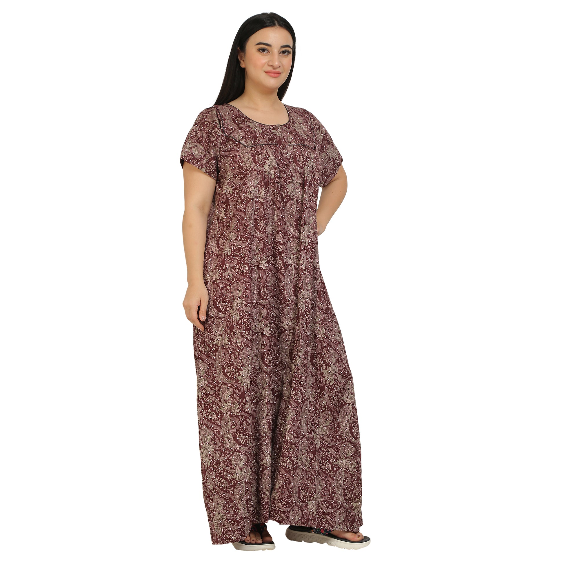 Printed Cotton Nighty For Women - Maroon