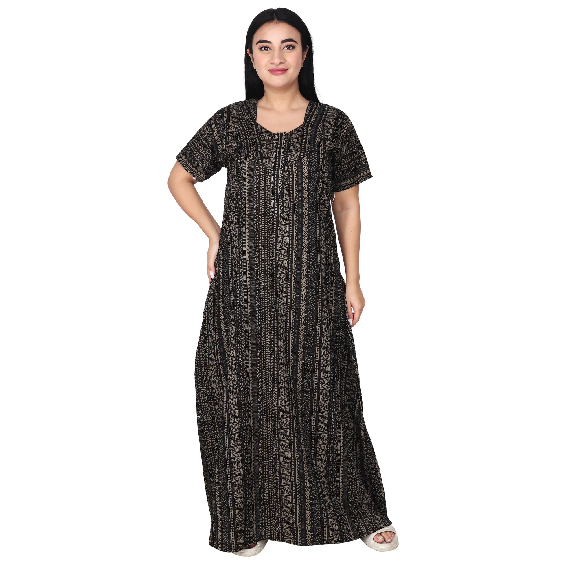 Printed Cotton Nighty For Women - Grey