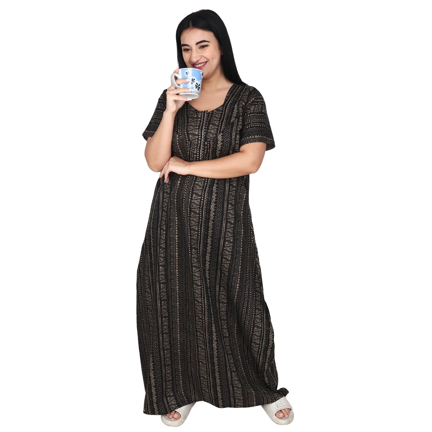 Printed Cotton Nighty For Women - Grey