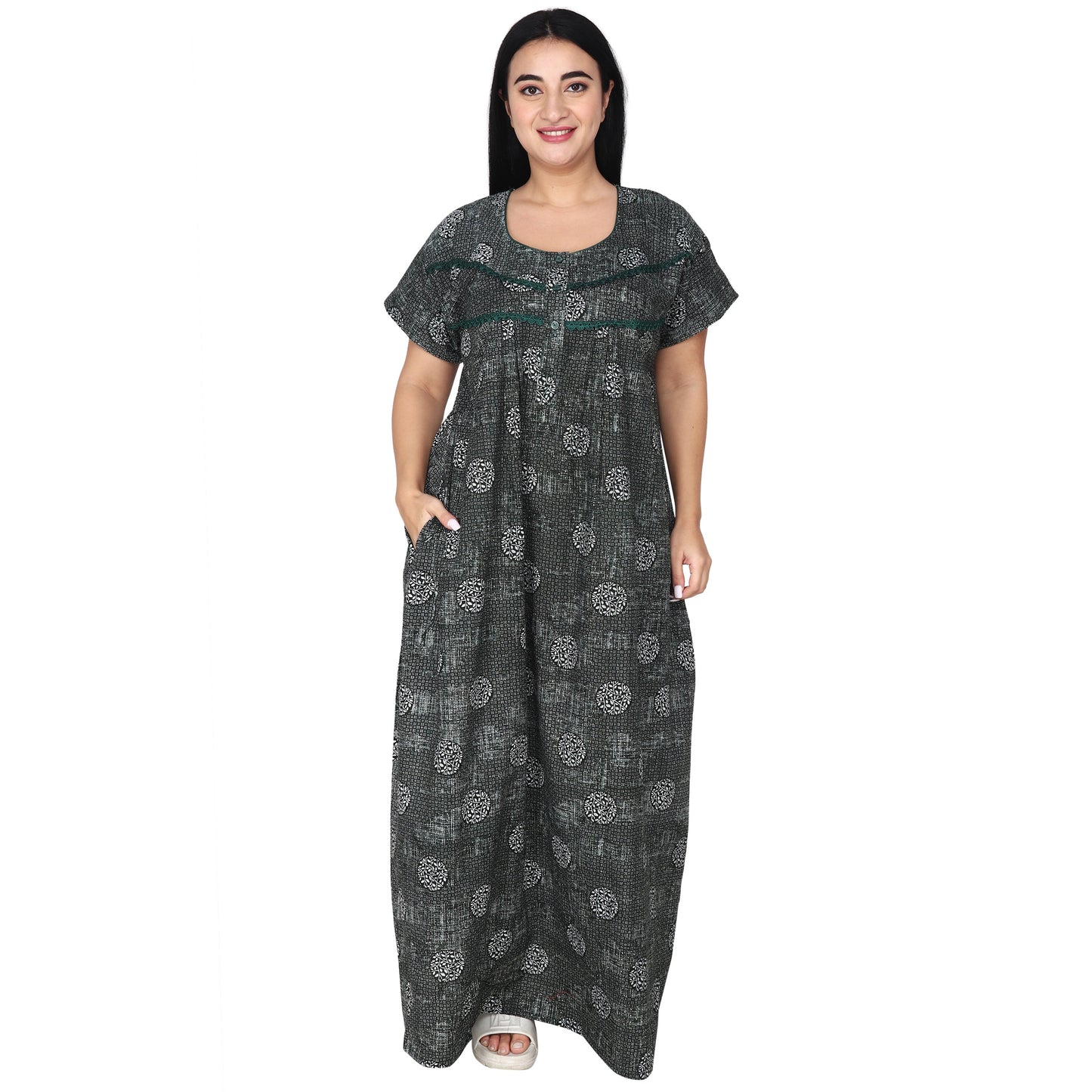 Printed Cotton Nighty For Women - Light Green