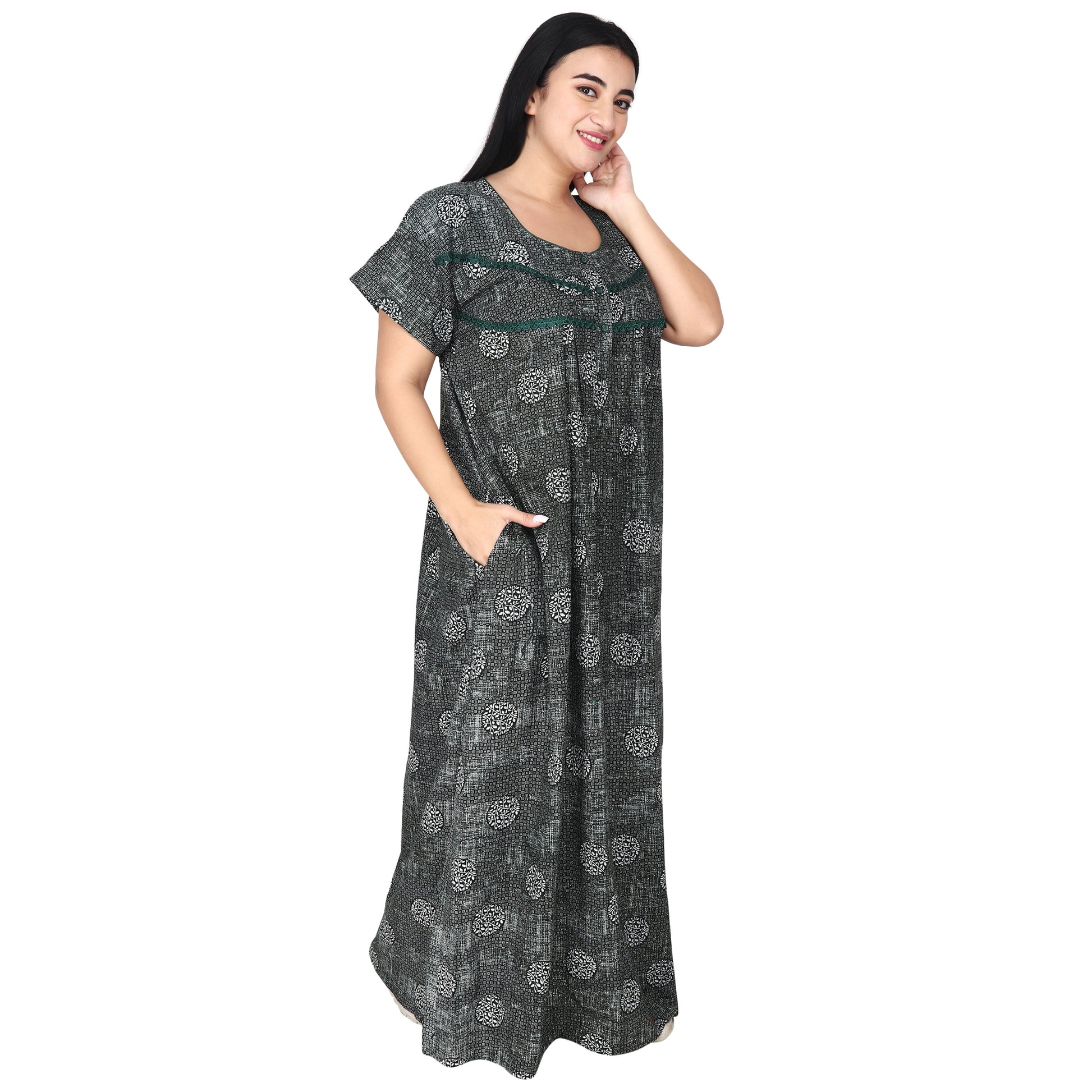 Printed Cotton Nighty For Women - Light Green