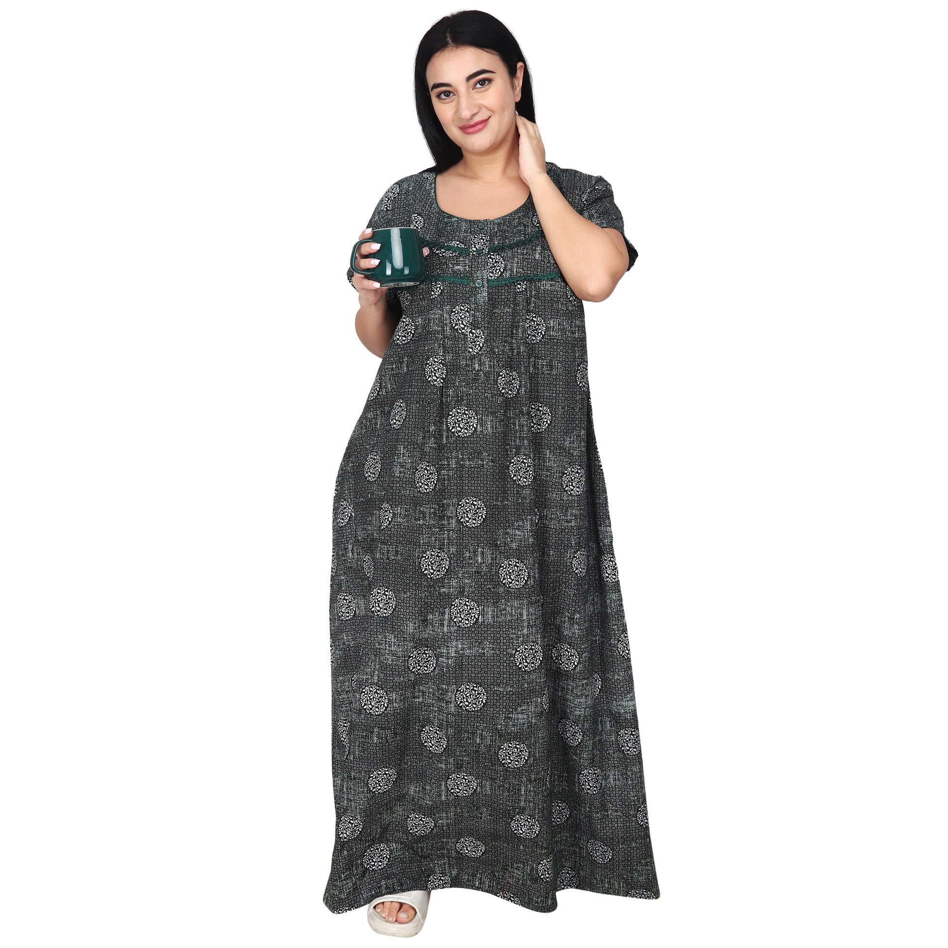 Printed Cotton Nighty For Women - Light Green