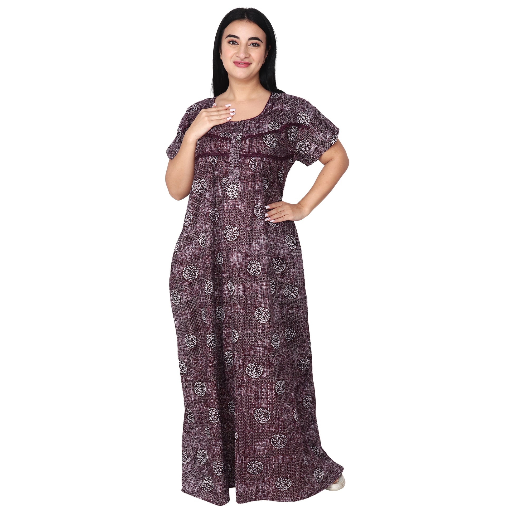 Printed Cotton Nighty For Women - Pink