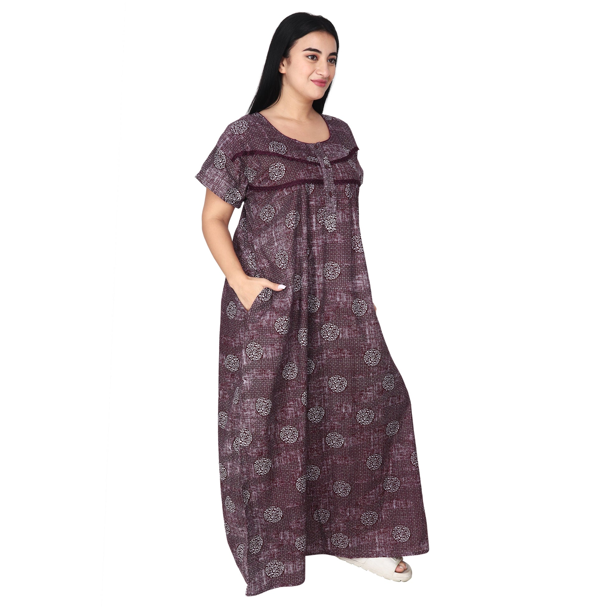 Printed Cotton Nighty For Women - Pink